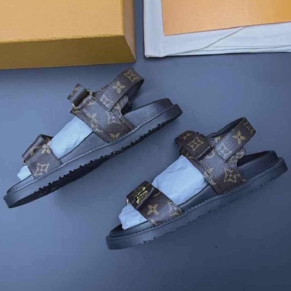 Louis Vuitton Brown Monogram Leather Adjustable Strap Sandals with Gold LV - Picture 4 of 13